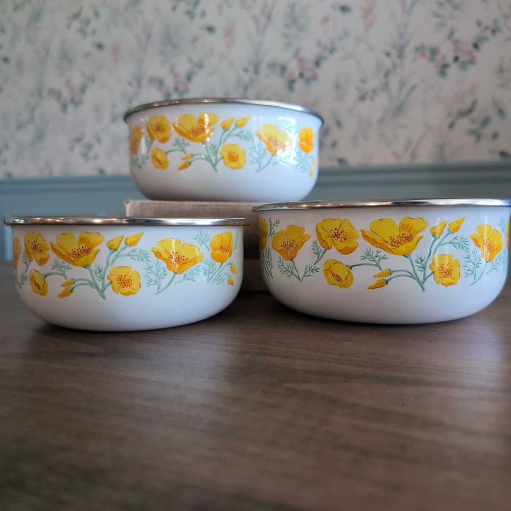 3 Vintage Kobe Enamelware Nesting Bowls:  Yellow Poppy Kitchen Decor Japan Set